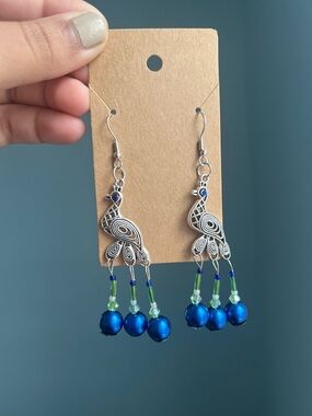 Silver Peacock Dangle Earrings with Blue and Green Beads - Women Jewelry